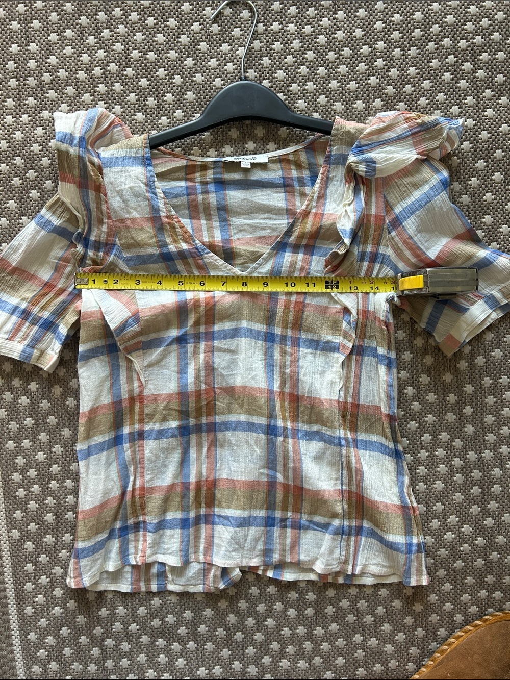 EUC Madewell V-Neck Shoulder-Ruffle Top in Plaid (S) - Picture 2 of 5